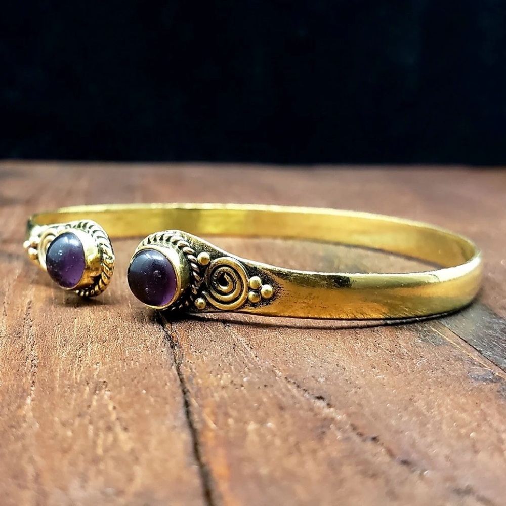 Gold-Tone Amethyst Cabochon Open Cuff Bracelet